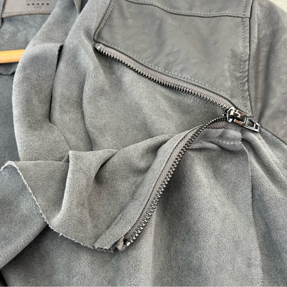 BLANK NYC Gray Faux Suede Leather Asymmetric Shoulder Zipper Draped Jacket Sz M - Picture 12 of 16